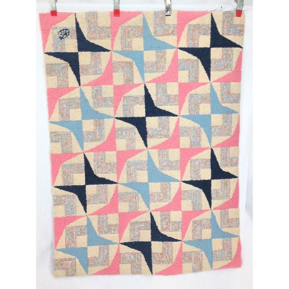 Mid Century Atomic Hand Hooked Rug VTG Blue Pink Wool Handmade Area Rug